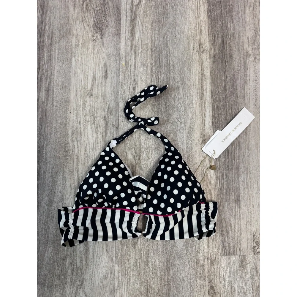 Sandoratto Black White‎ Polka Dot Stripe Halter Bikini Top Size S